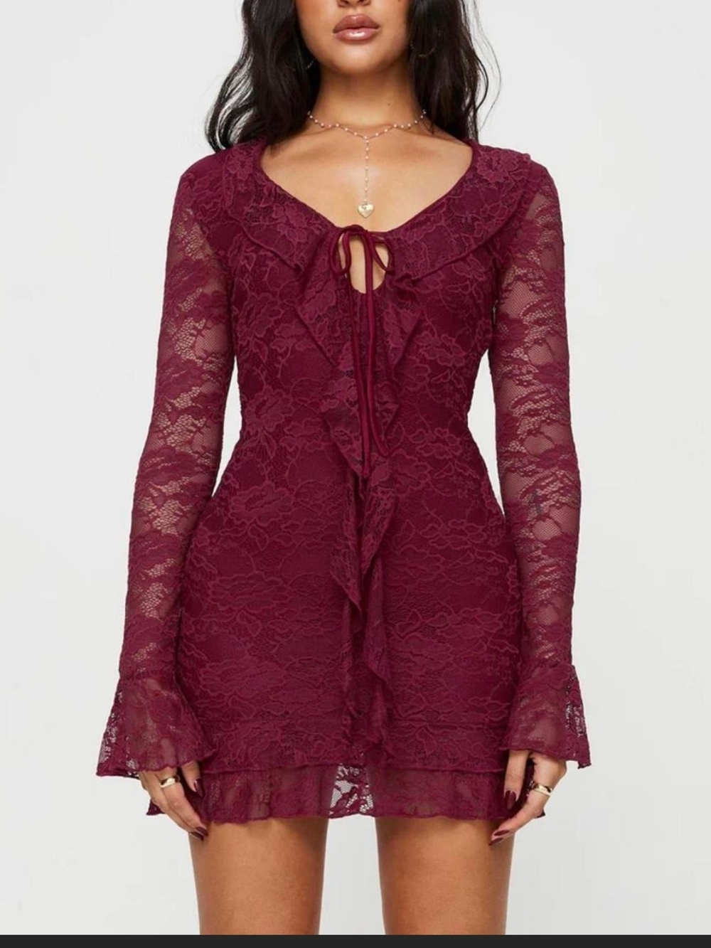 NWT Princess Polly Sidonie Burgundy Lace Ruffle Mini Dress